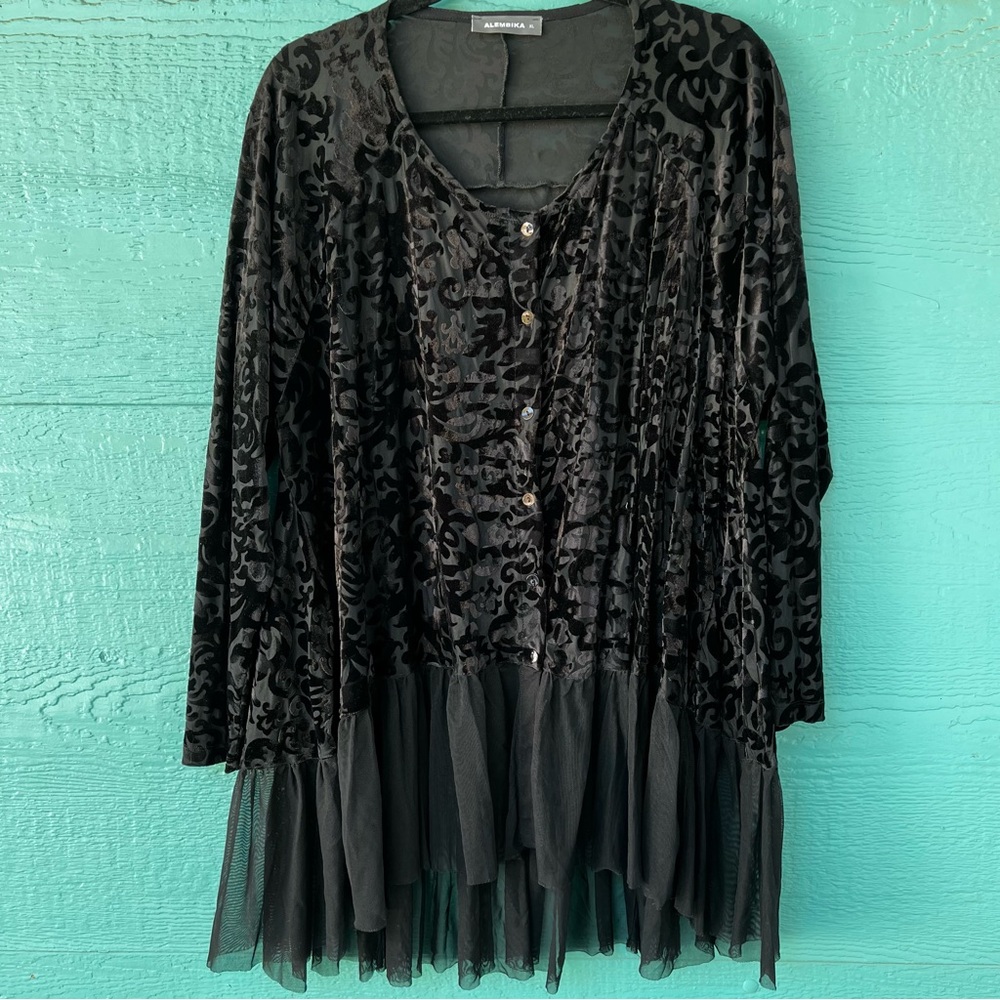 Alembika Black Velvet Burnout Tunic Top Tulle Hem Button Front XL